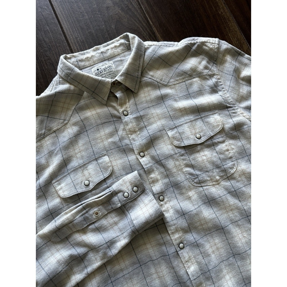 Lucky Brand Mens XXL Saturday Stretch Western Pearl‎ Snap Plaid Shirt Grey Tan